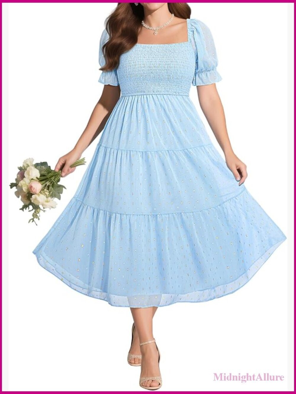 Plus Size Smocked Midi Dress - Square Neck Short Sleeve A-Line Chiffon
